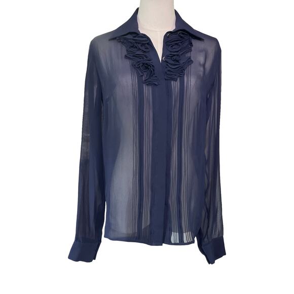 Aquilano Rimondi Navy Silk Ruffle Sheer Blouse IT 44 US 8 Handmade Detail - Picture 8 of 9